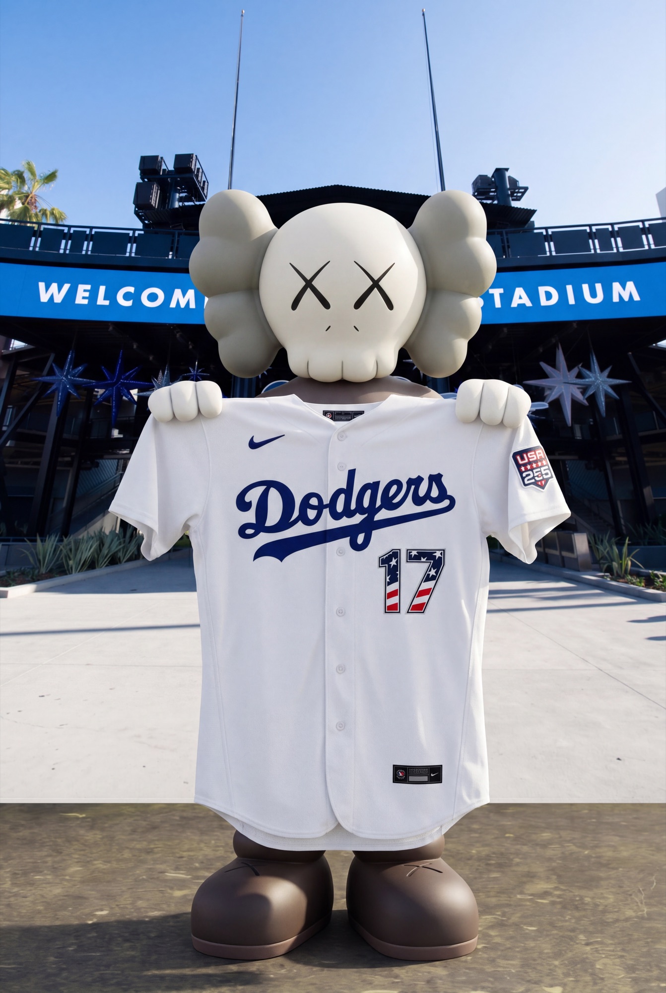 KAWS figure holding a Dodgers jersey