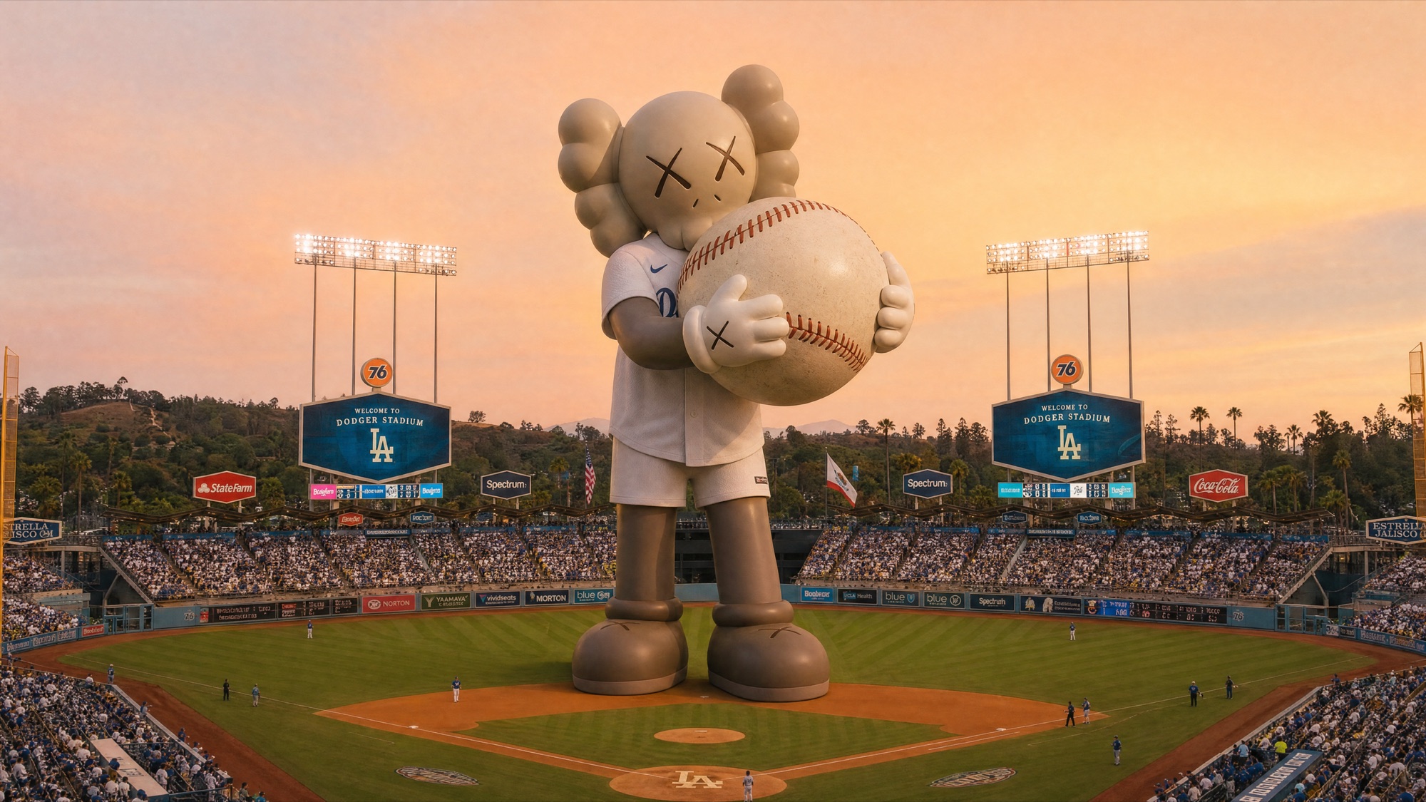 KAWS figure holding a baseball in Dodger Stadium