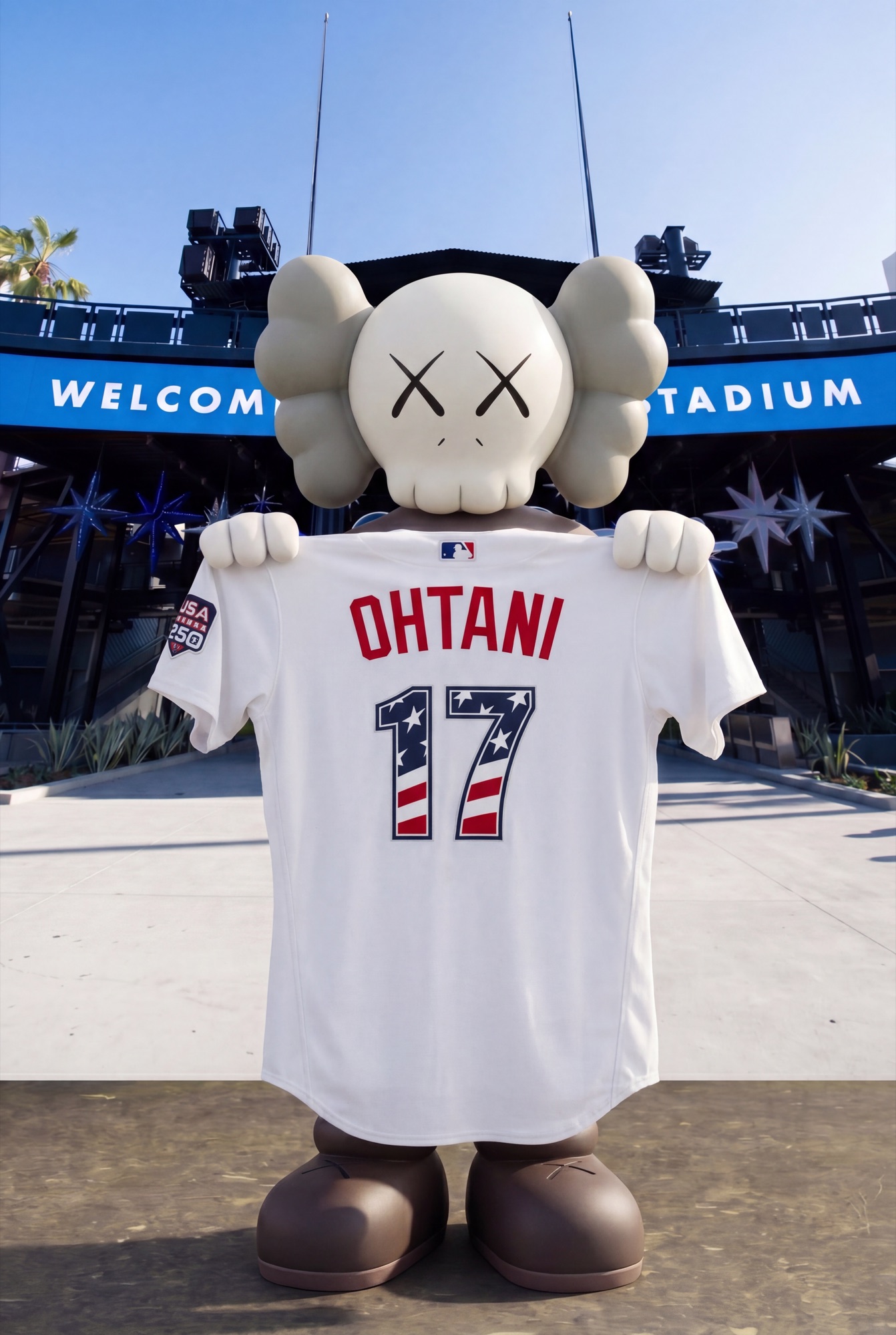 KAWS figure holding a Dodgers jersey
