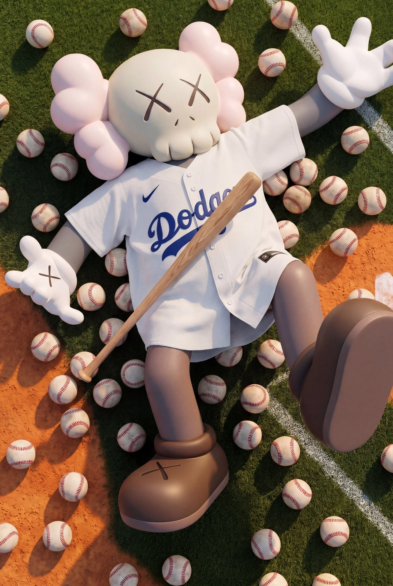KAWS figure lying among baseballs
