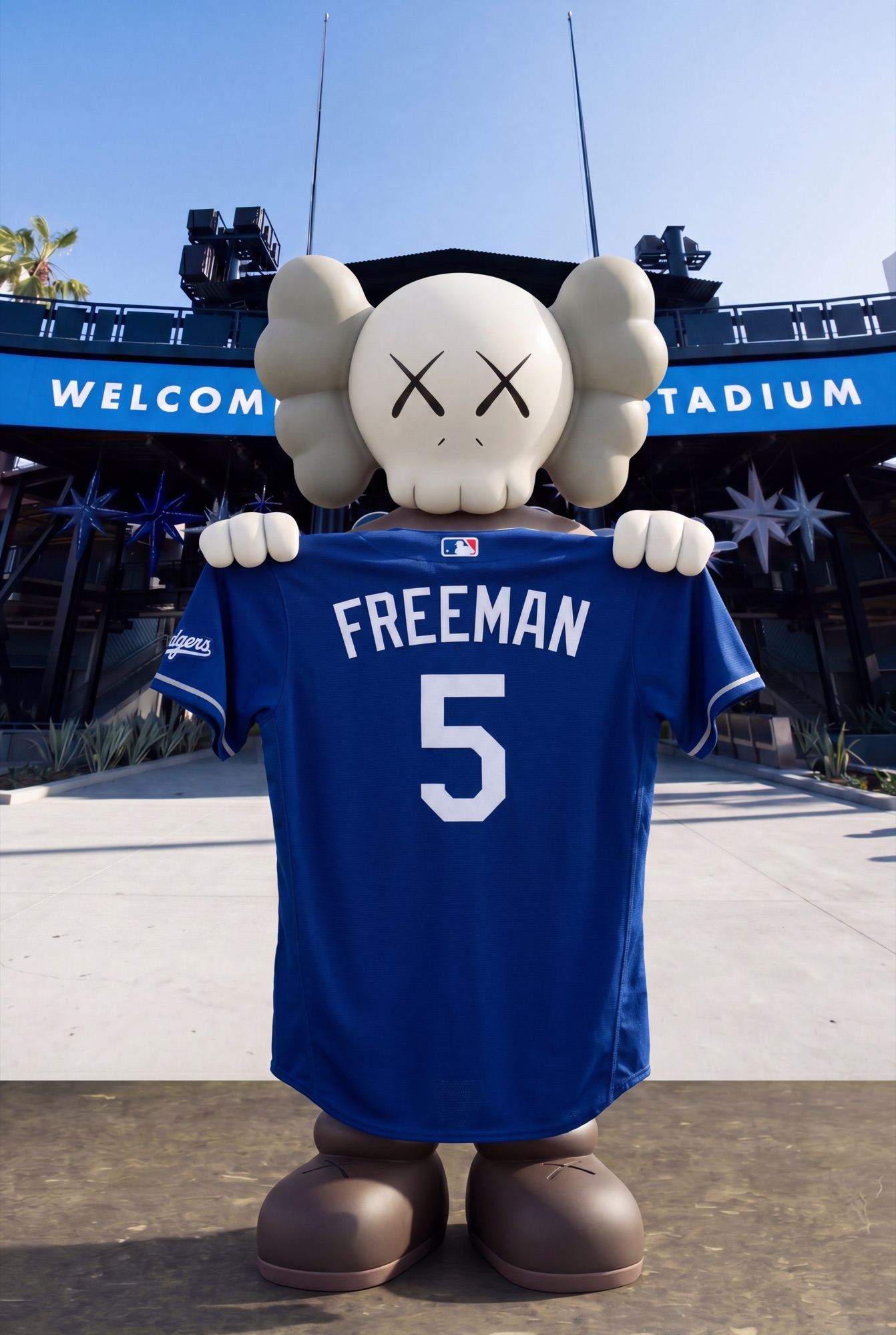 KAWS figure holding a Dodgers jersey